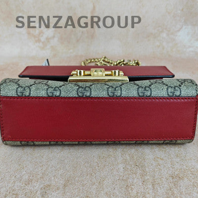 Gucci Padlock Small GG Canvas Chain Shoulder Crossbody Bag Red Brown Gold