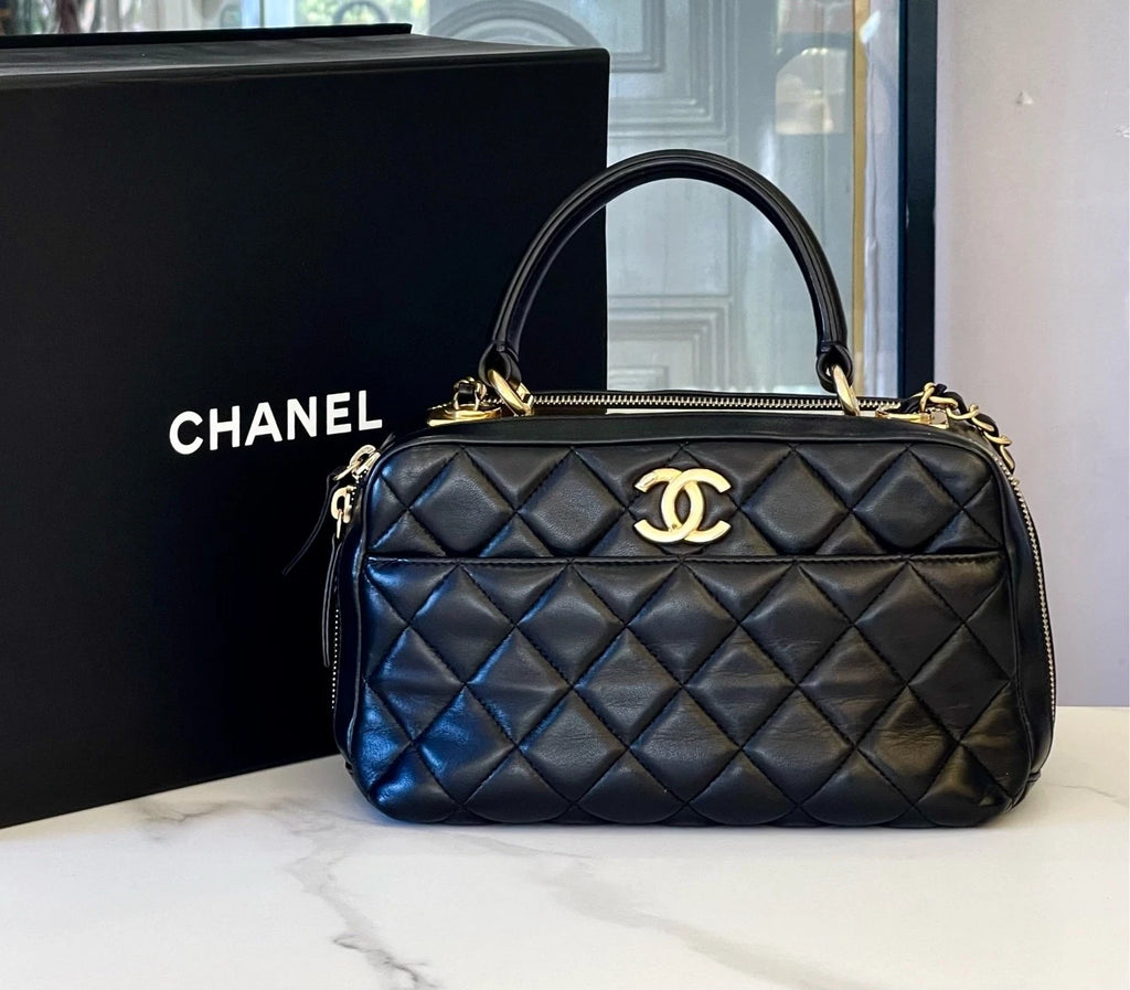CHANEL Black Leather Bowling Top Handle Bag For Women