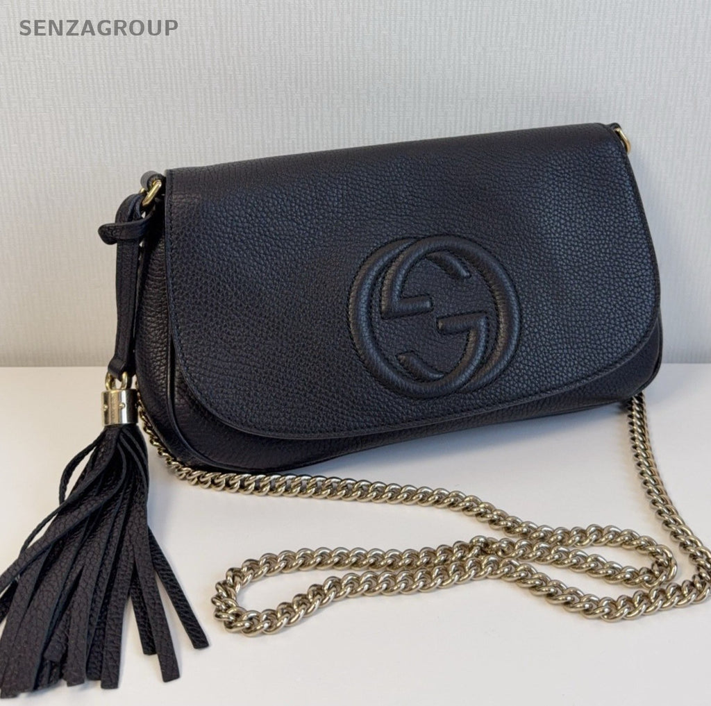 Gucci Calfskin Chain Crossbody Shoulder Bag Black Gold Women Classic