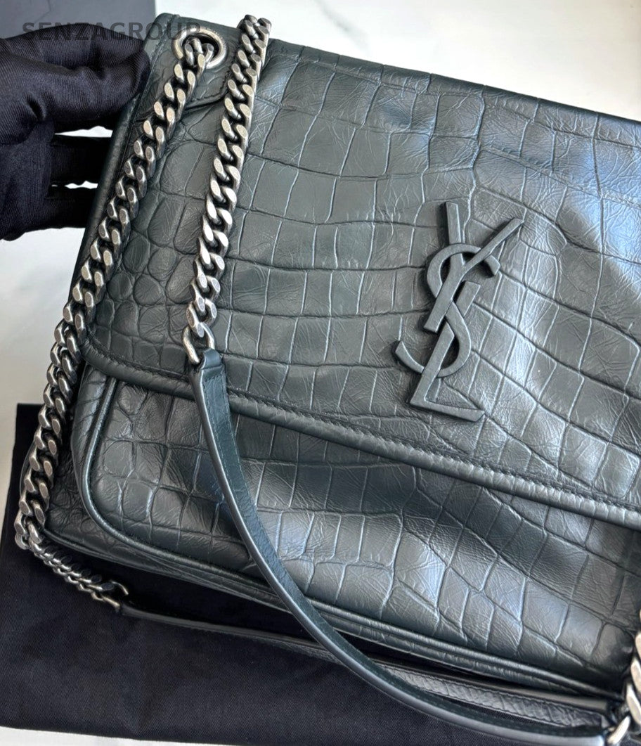 YSL Saint Laurent Niki MM Alligator pattern Chain Shoulder bag Women Dark Green