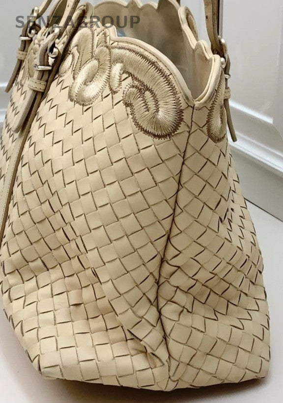 Bottega Veneta Blue Suede Leather Tote Shoulder Bag Beige Used Women Classic