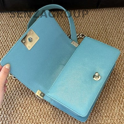 Chanel Lambskin Small Boy Bag Blue Gold Chain Crossbody Shoulder Bag