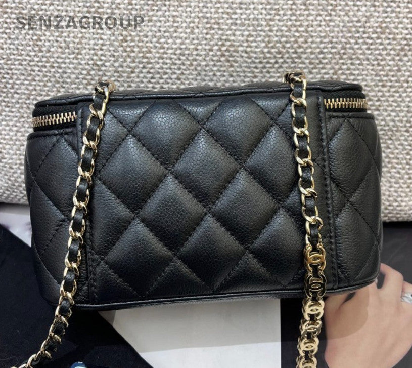 Chanel Diamond Chain Calfskin Box Crossbody Black Gold Women Classic Fashion