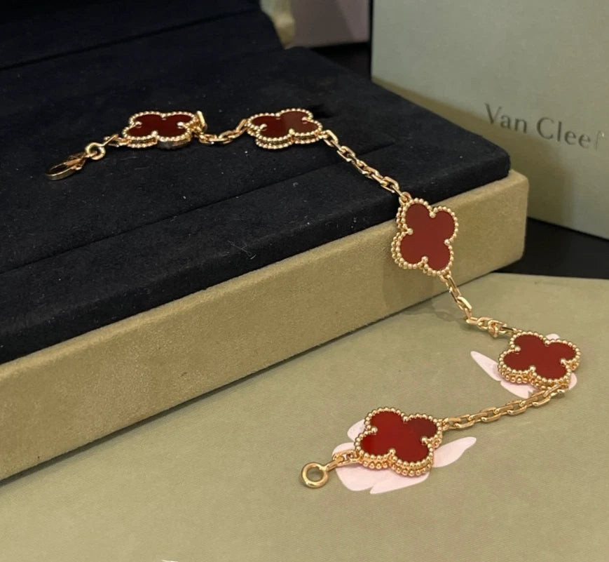 Van Cleef &amp; Arpels Vintage Alhambra Carnelian 18k Yellow Gold 5 Motifs Bracelet