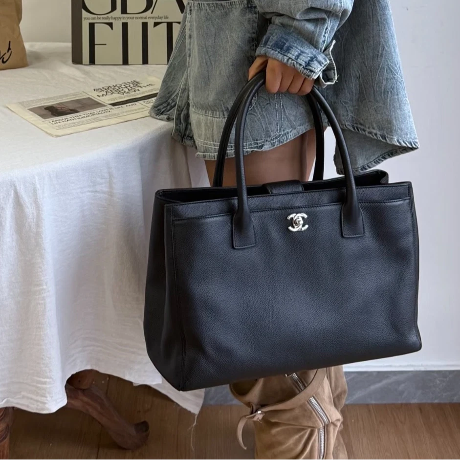 Chanel Cerf MM Calfskin Leather Gray Tote Handbag Silver Hardware No Strap