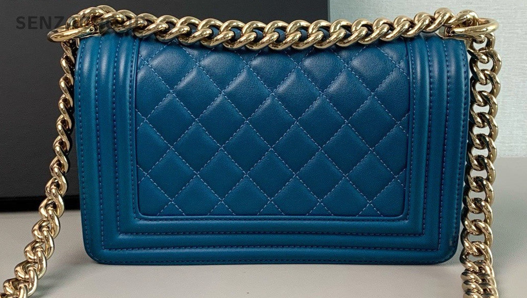 CHANEL Leboy PM Calfksin Chain Shoulder bag Women Crossbody Blue Gold