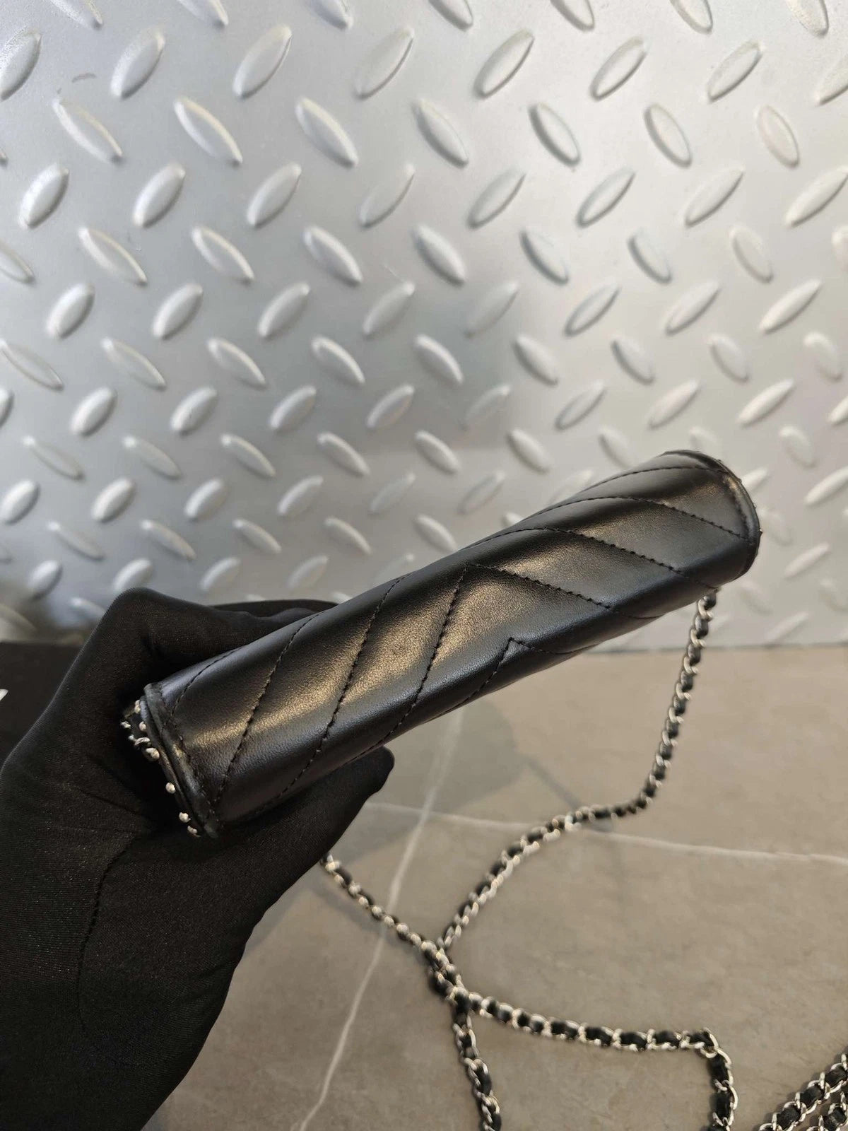 CHANEL Black Silver V Mini WOC Rivet Chain Leather Crossbody Bag Women