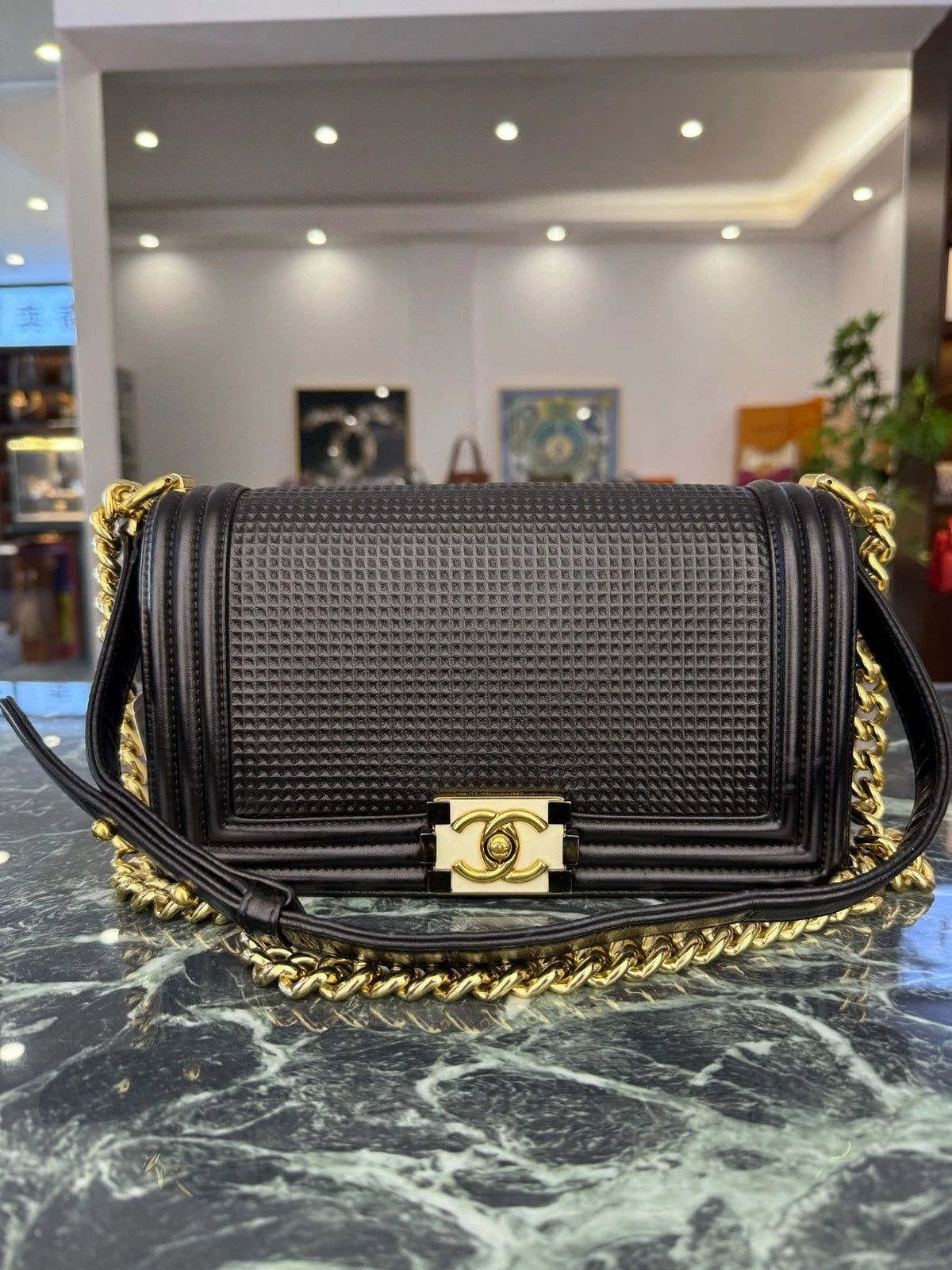 CHANEL Calfskin Waffle Black Gold Leboy Shoulder Bag Women