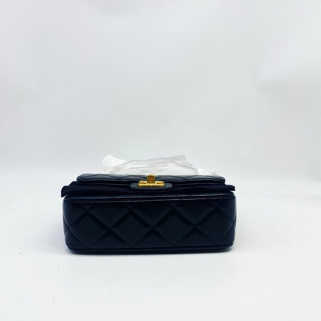 CHANEL Black Lambskin Mini Crossbody Bag Gold Heart Buckle For Women