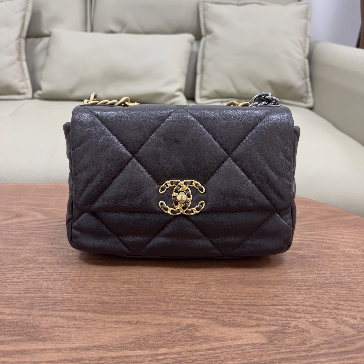 Chanel 19 Bag Small Flap Crossbody Shoulder Bag Dark Brown Lambskin