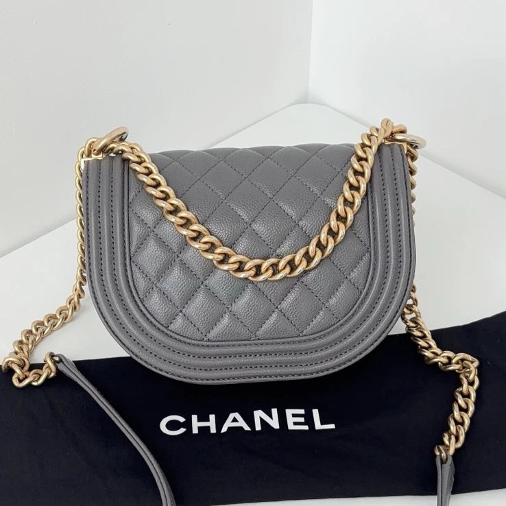 Chip Version Chanel Leboy Calfskin Gray Saddle Gold Chain Shoulder Crossbody