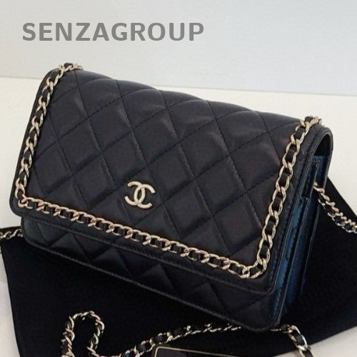 Chanel WOC Chain Shoulder Bag Crossbody Black Gold Diamond Women Classic