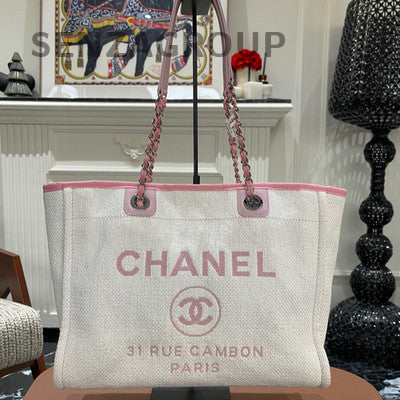 Chanel White & Pink Tote Beach Bag Chain Strap Silver Hardware Classic