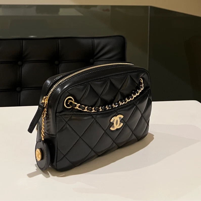CHANEL Gold Leather Camera Crossbody Bag For Women