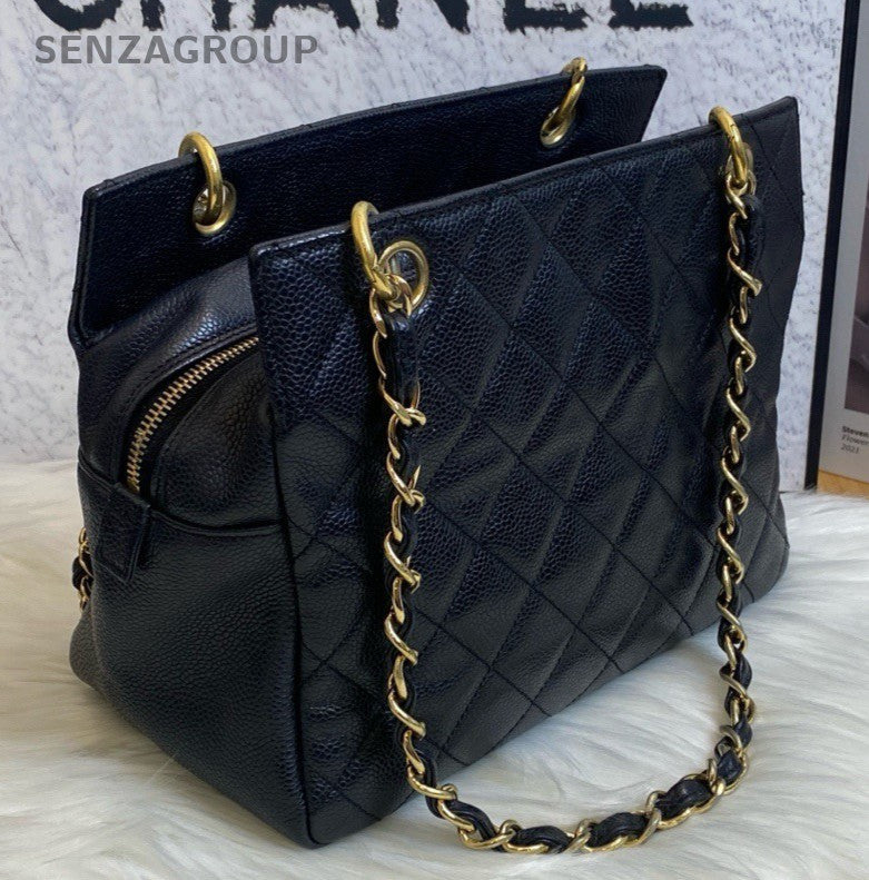 Chanel Diamond Chain Tote Shoulder Bag Black Gold Used Women Classic