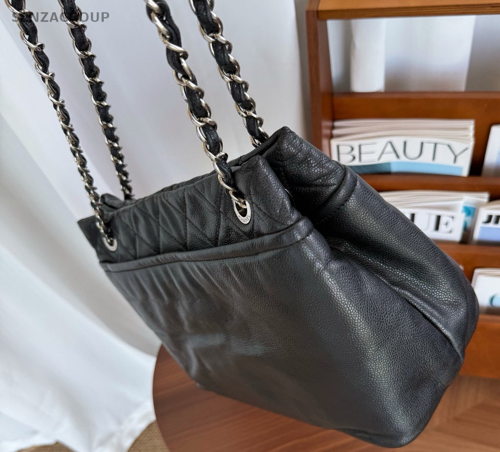 CHANEL CC Relief carving Calfskin Tote Chain Shoulder bag Black Silver Women