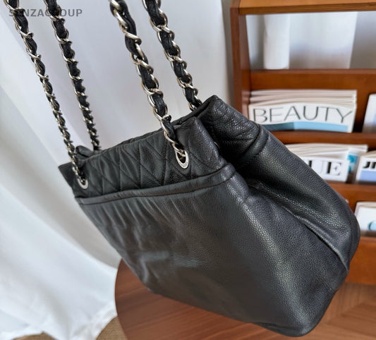 CHANEL CC Relief carving Calfskin Tote Chain Shoulder bag Black Silver Women