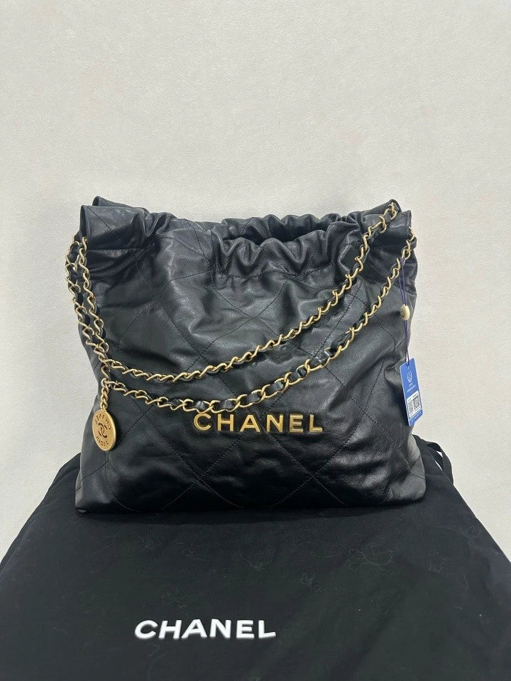 Authentic CHANEL Black Gold Medium 22Bag Tote For Women