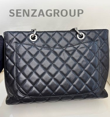 Chanel GST Black Silver CC Logo Tote Chain Shoulder Bag Quilted