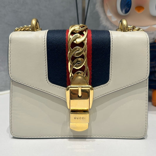 Gucci Sylvie Small Chain Shoulder Crossbody Bag White Gold Hardware