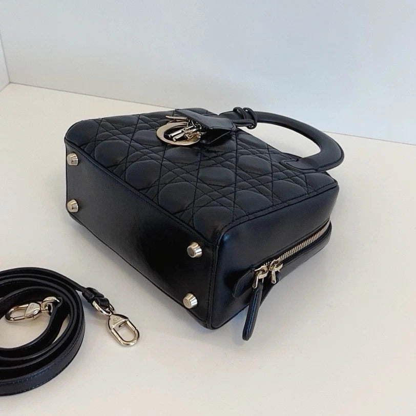Christian Dior Lily Cannage 2-Way Black Top Handle Bag Crossbody Gold Hardware