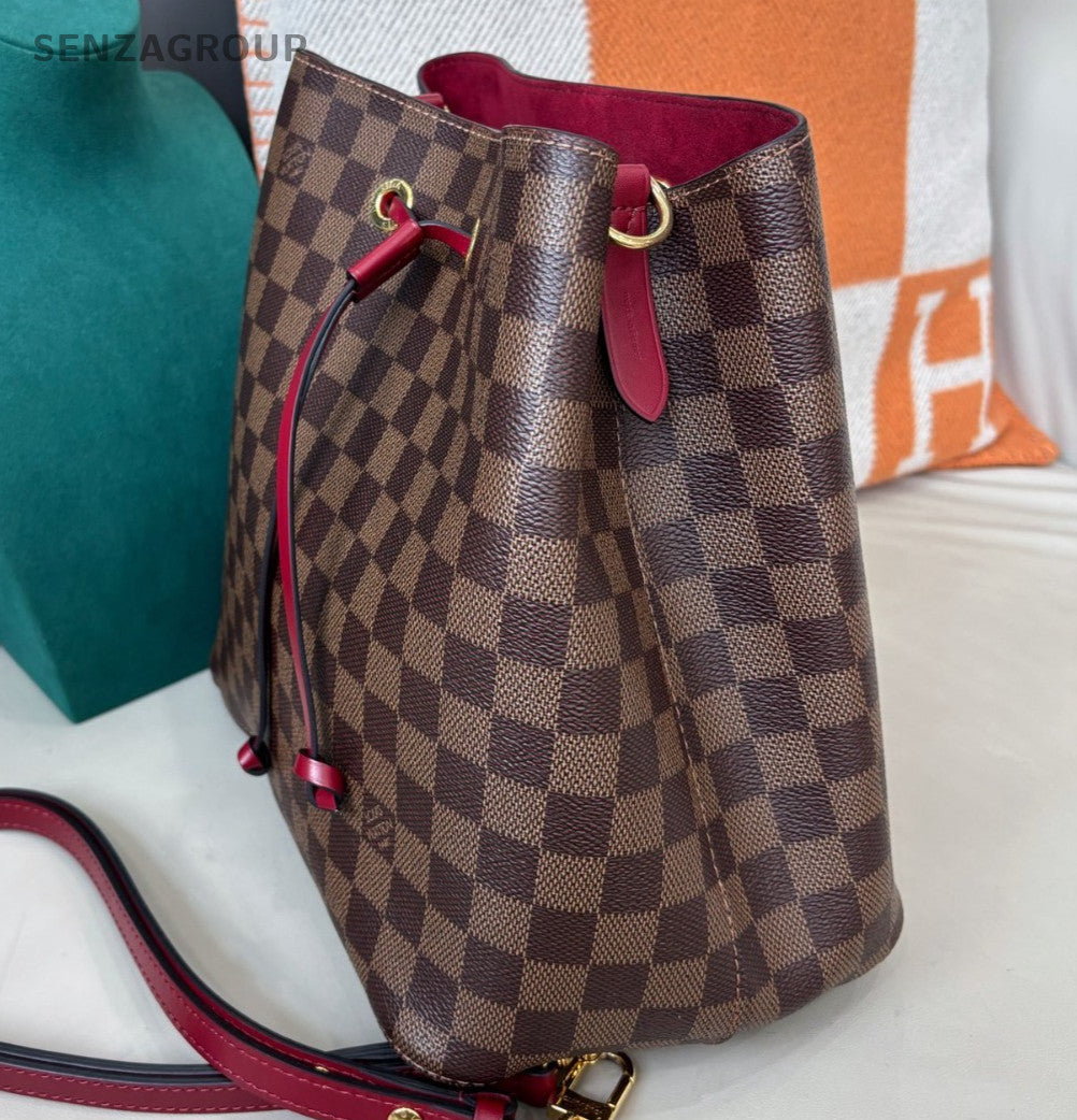 Louis Vuitton Damier Bucket MM Shoulder Bag Brown Red Gold Women Classic