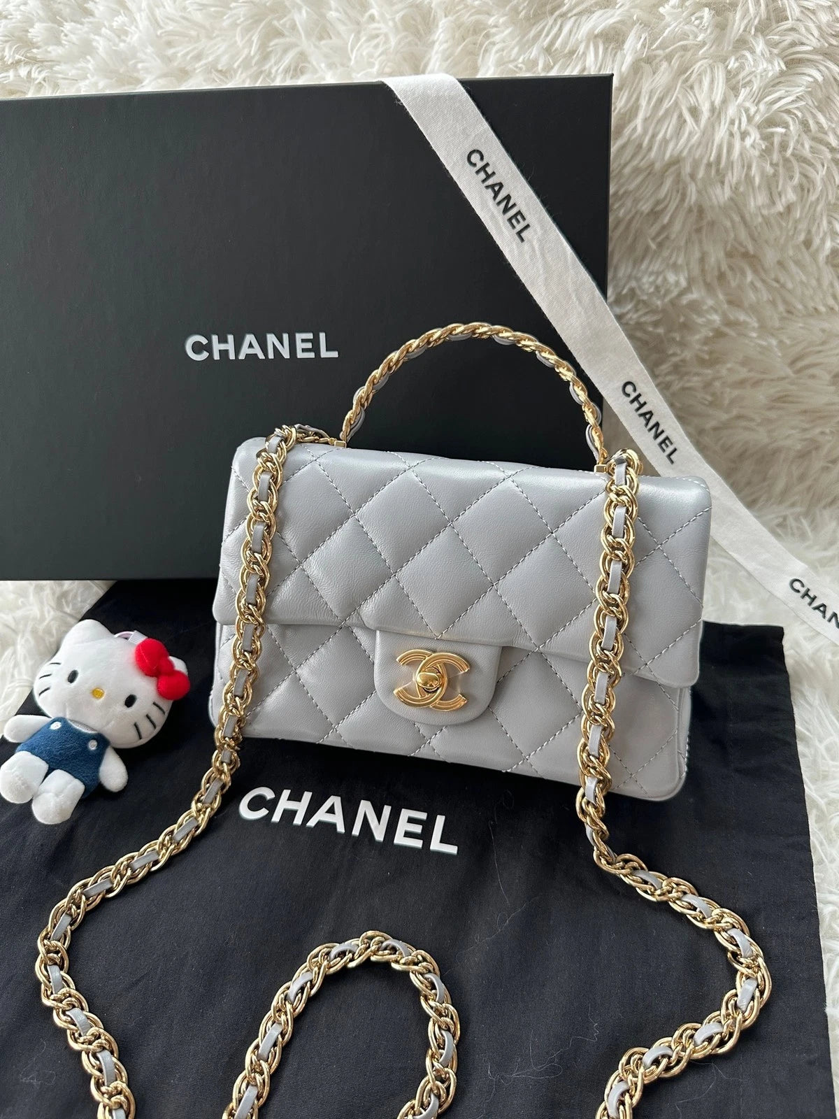 Authentic CHANEL Grey Lambskin Square CF Bag For Women