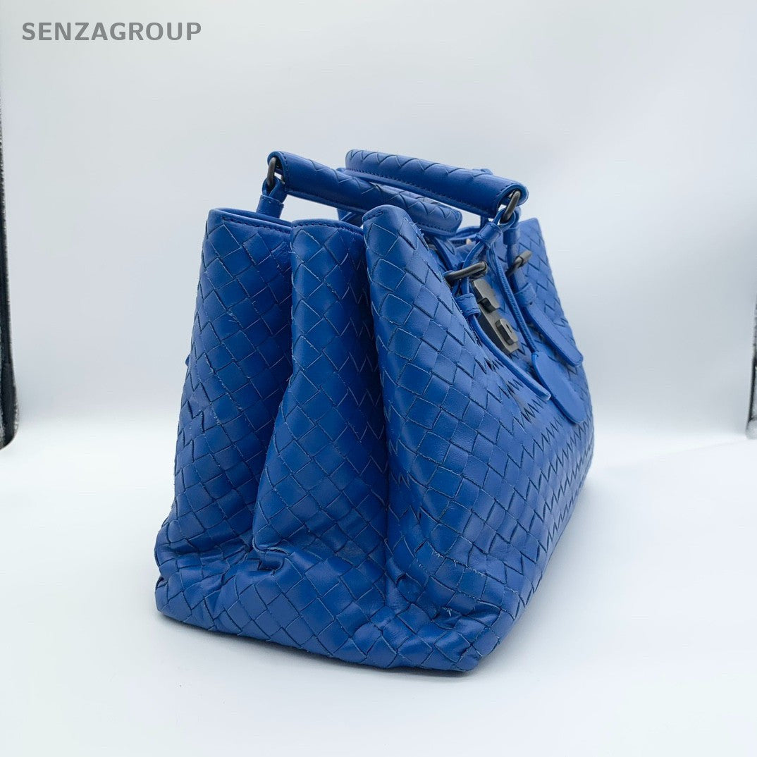Bottega Veneta Roma PM Calfskin Blue Silver Top Handle Bag Crossbody Women