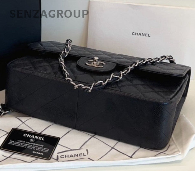 Chanel Classic Flap Jumbo Chain Shoulder Bag Black Silver Diamond Women Fashion