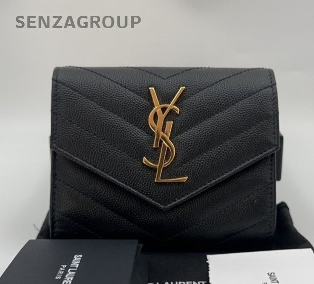 Saint Laurent Cassandre PM Calfskin Wallet Black Gold Used Women Classic