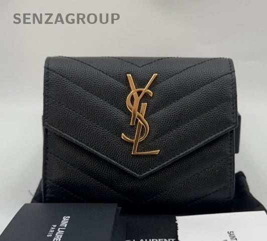 Saint Laurent Cassandre PM Calfskin Wallet Black Gold Used Women Classic