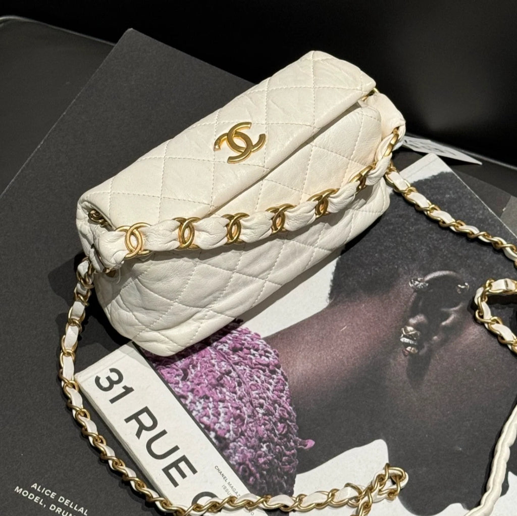 Chanel Diamond Hobo Chain Top Handle Bag Crossbody White Gold Used Women Classic
