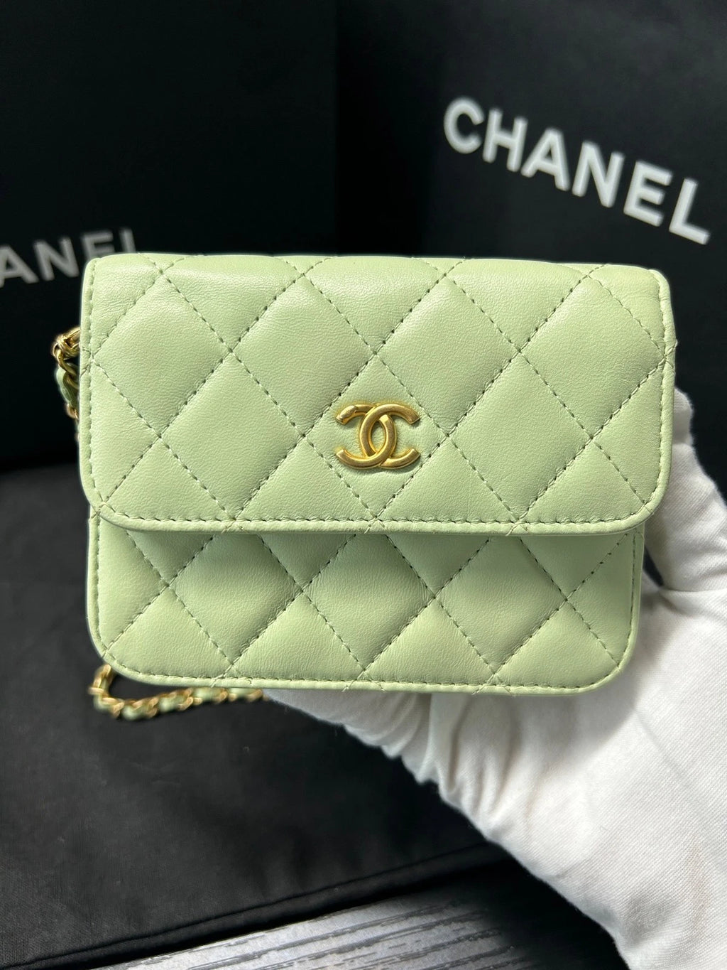 CHANEL Green Gold Ball Mini Square Chain Crossbody Bag For Women