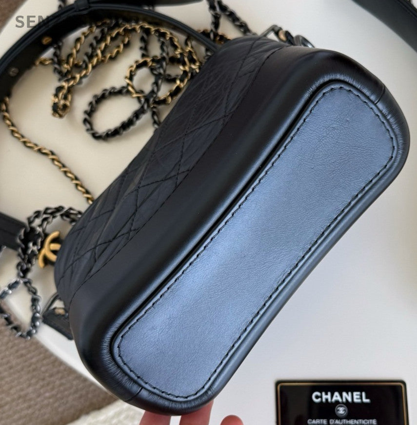 Chanel Gabrielle PM Chain Shoulder Bag Black Gold Diamond Women Classic Fashion