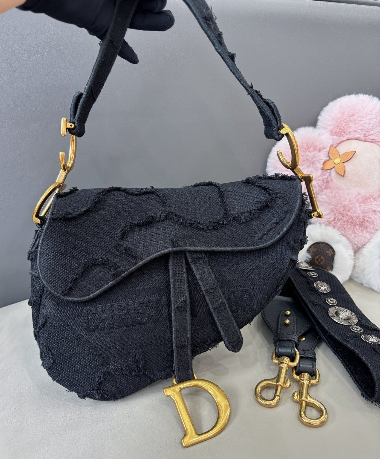 Christian Dior Saddle MM Canvas Top Handle Shoulder Crossbody Black Gold Women