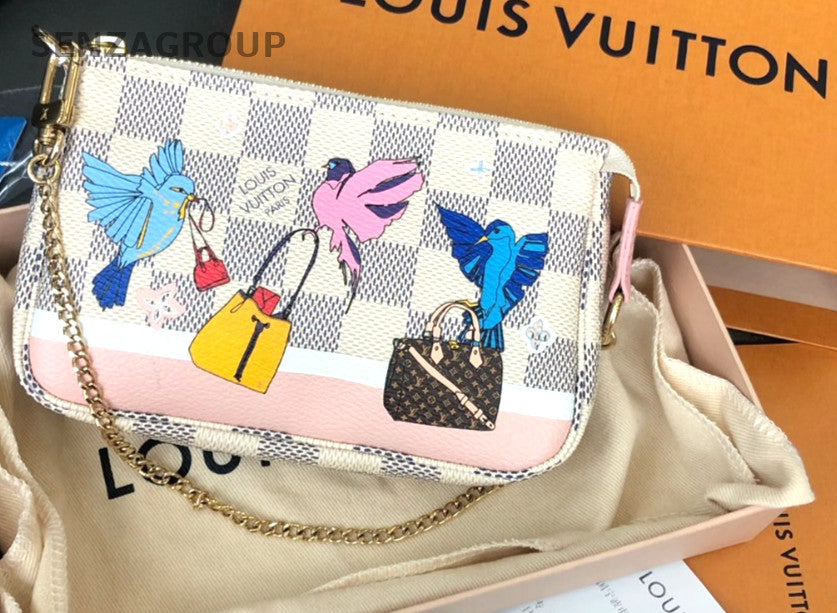 Louis Vuitton Damier Azur Pochette Accessories mini Chain Handbag White Women