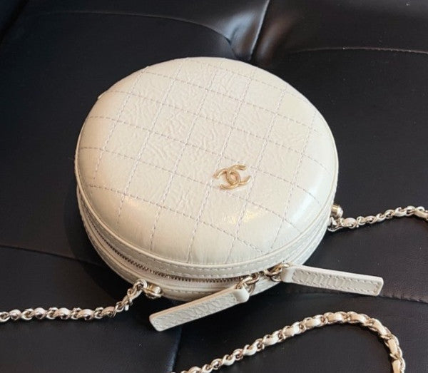 Chanel Calfskin Round Bag Chain Shoulder Bag Crossbody White Gold Women Classic