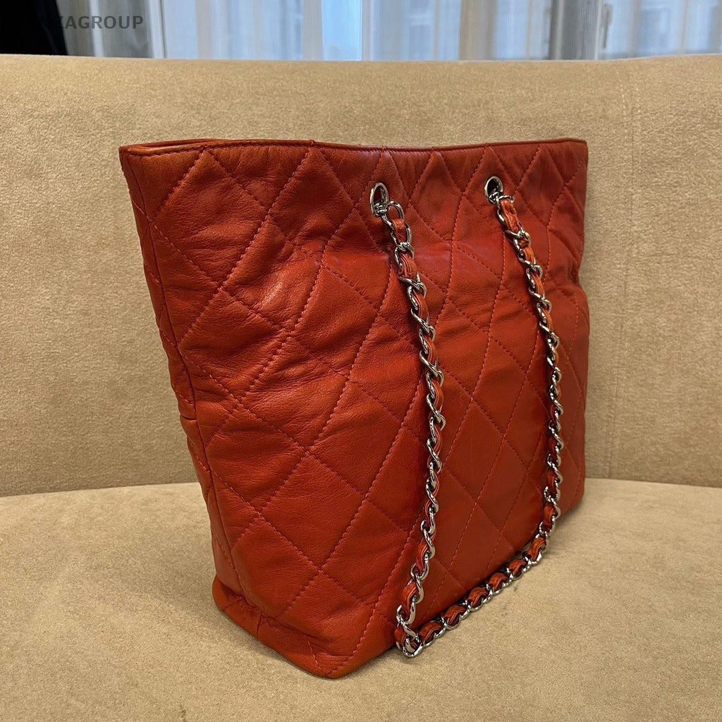 CHANEL Vintage Tote Diamond Pattern Chain Shoulder bag Red Silver Women