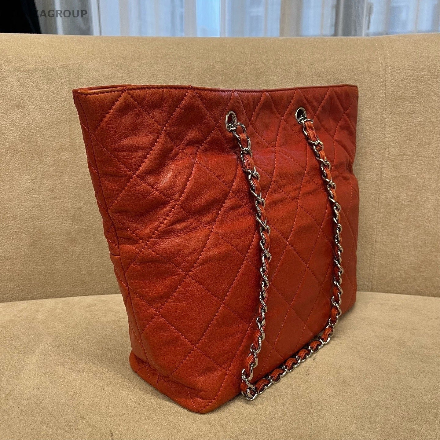 CHANEL Vintage Tote Diamond Pattern Chain Shoulder bag Red Silver Women