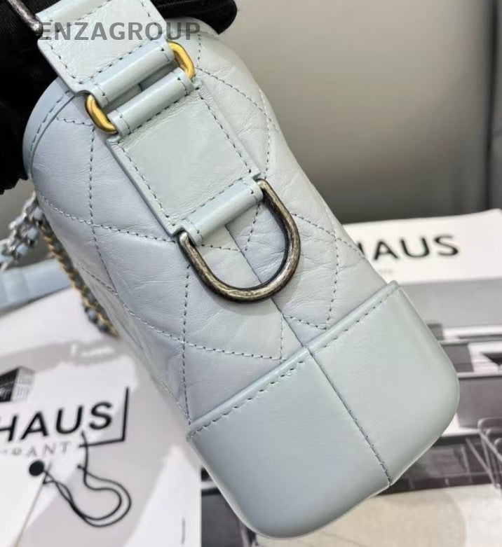 Chanel Gabrielle PM Chain Shoulder Bag Blue Gold Women Classic Diamond