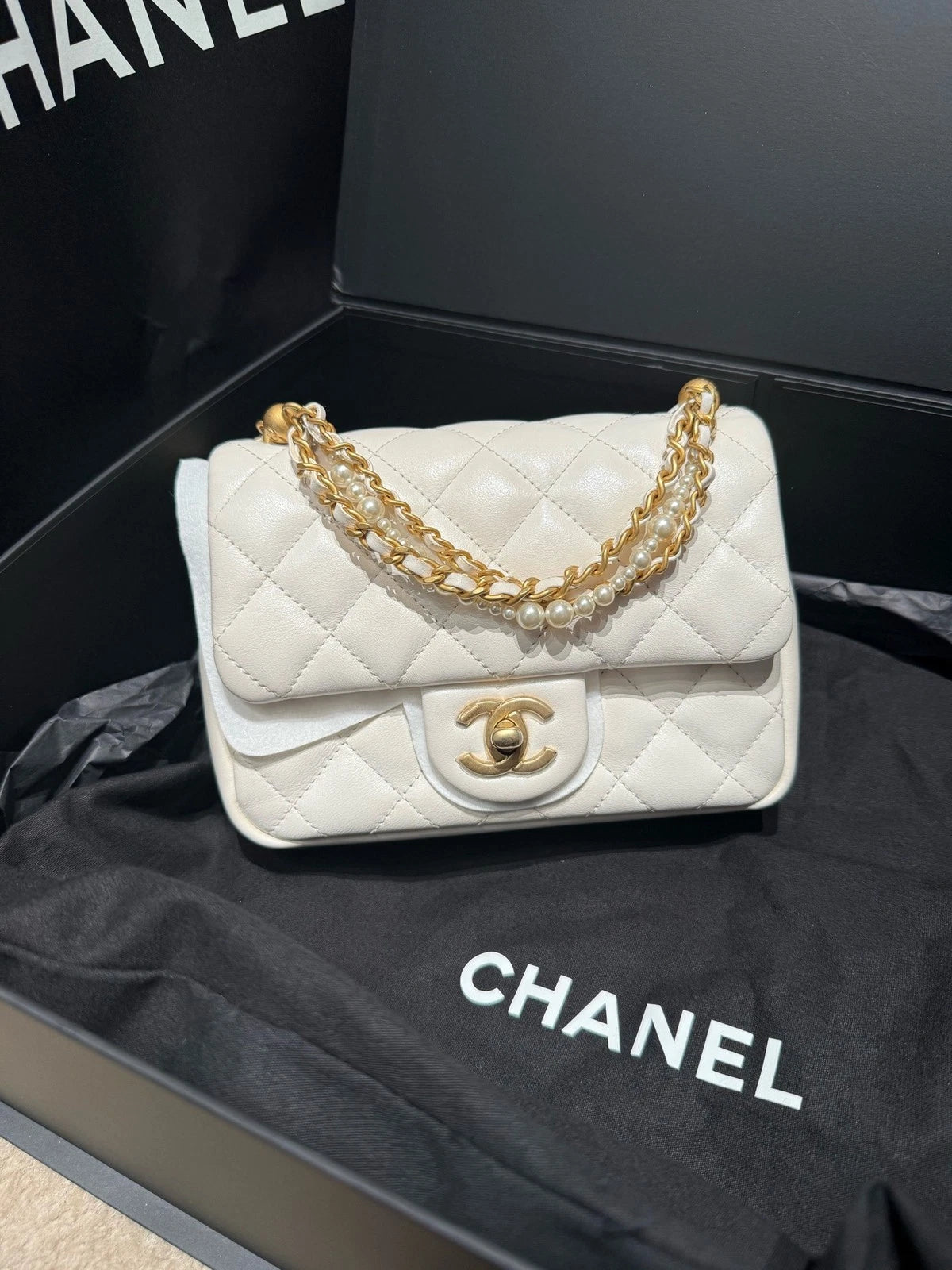 Chanel Pearl Chain White Gold Square Crossbody Bag For Women