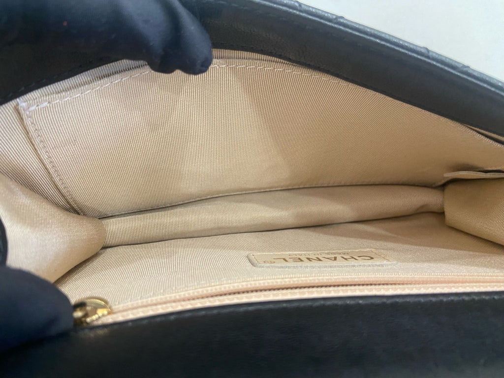 Chanel Classic Flap PM Lambskin Pearl Chain Shoulder Bag Black Gold Women