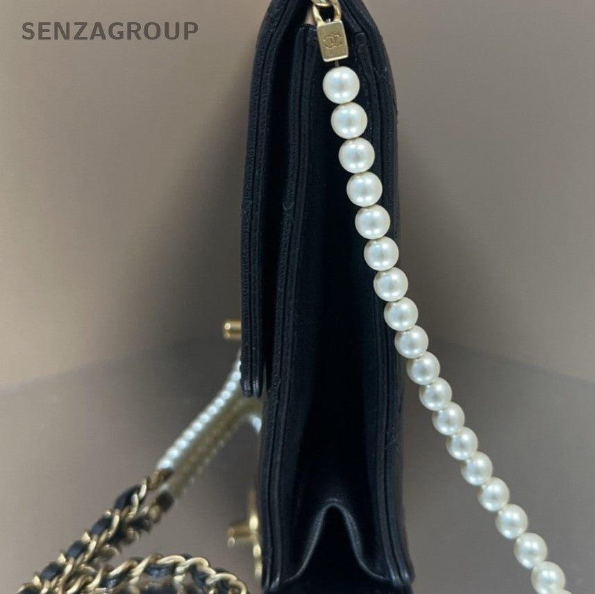 Chanel Classic Flap Pearl String Chain Shoulder Bag Black White Women Designer