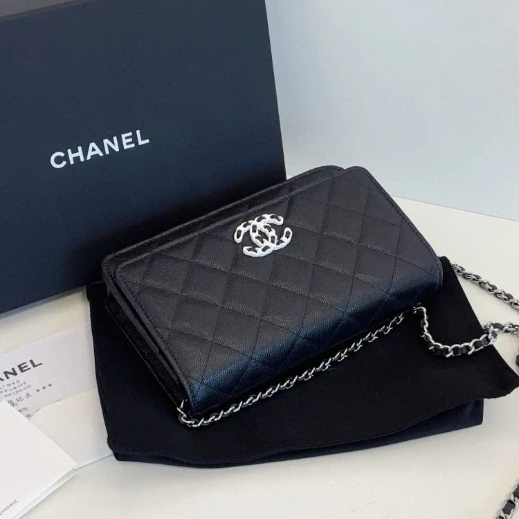 Chanel WOC Diamond Chain Top Handle Shoulder Bag Black Silver Women Classic