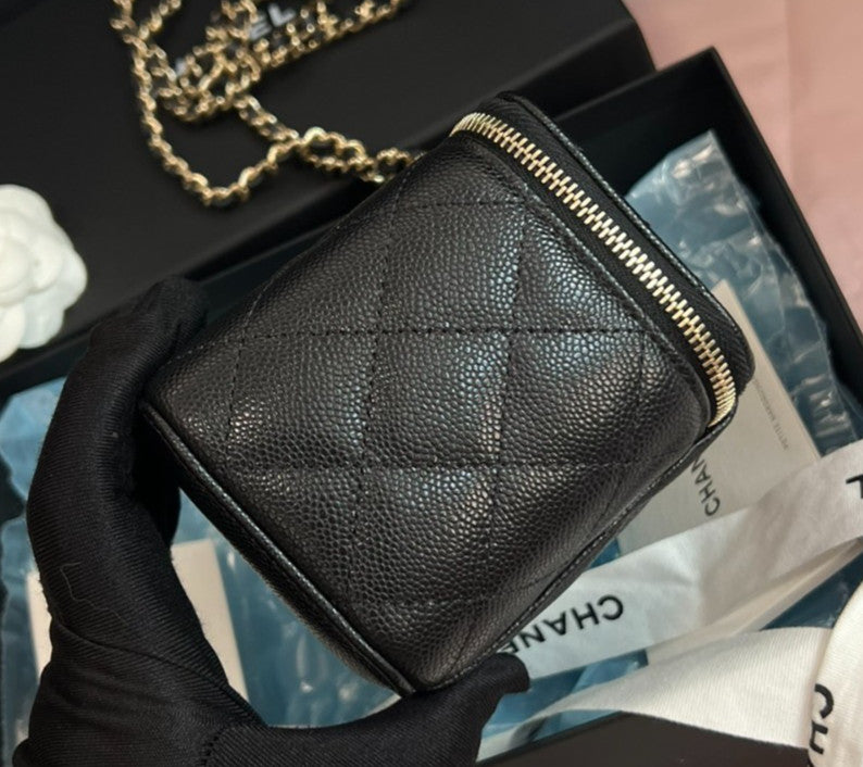 Chanel Vanity Case Chain Crossbody Black Gold Diamond Women Classic