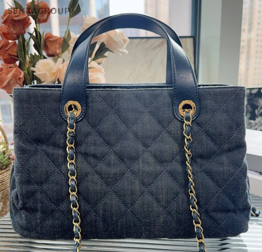 Chanel Denim Tote Handbag Chain Shoulder Bag Blue Gold Women Classic