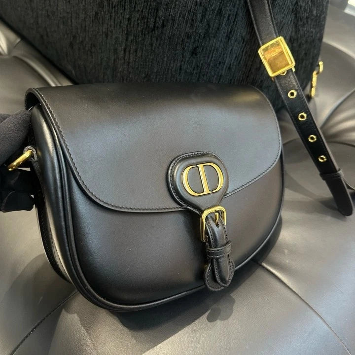 Christian Dior Bobby MM Calfskin Shoulder Bag Crossbody Black Gold Women D