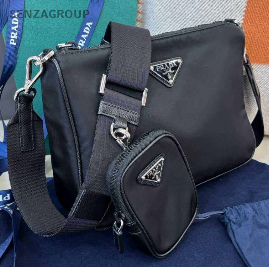 Prada Saffiano Canvas Shoulder Bag Crossbody Black Silver Unisex Adults Classic