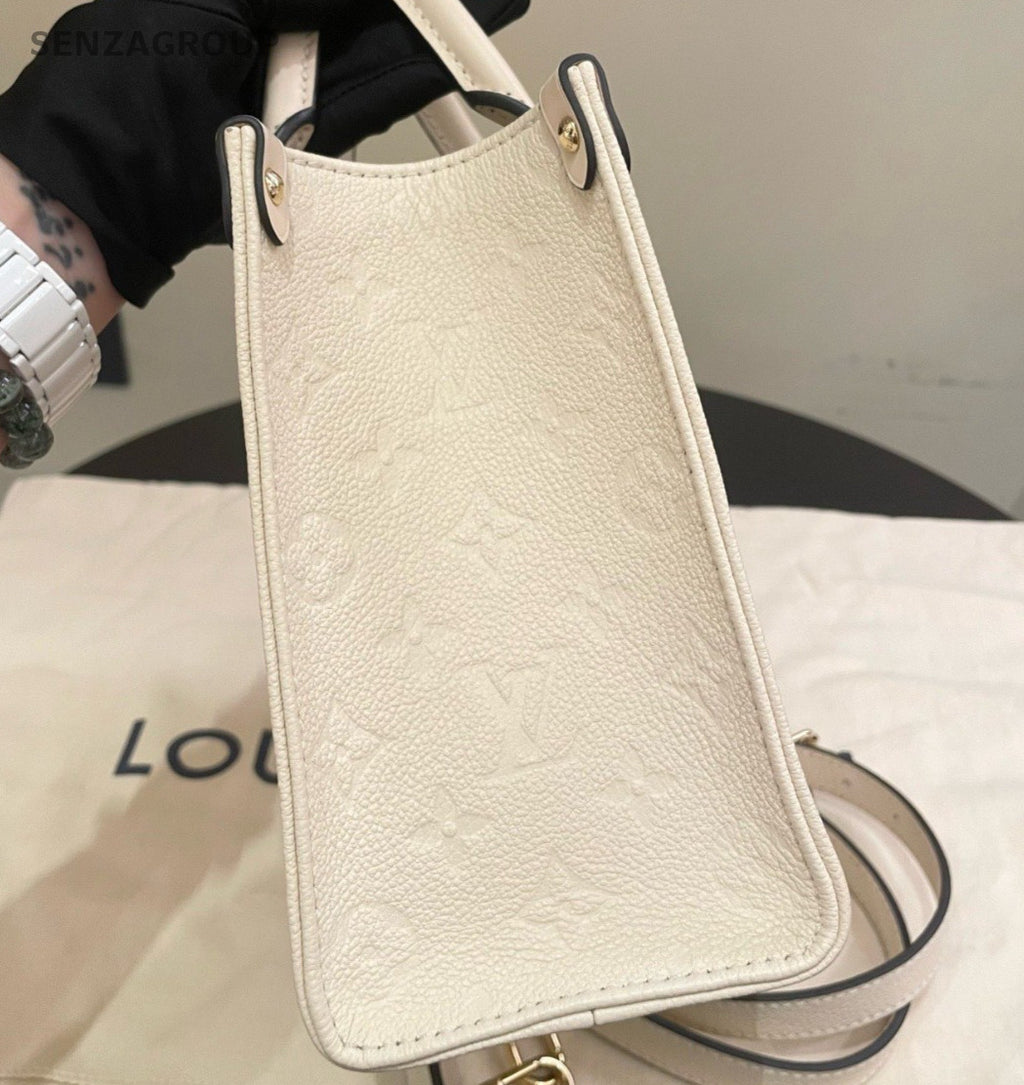 Louis Vuitton Onthego PM Tote Top Handle Bag Crossbody White Gold Women Classic