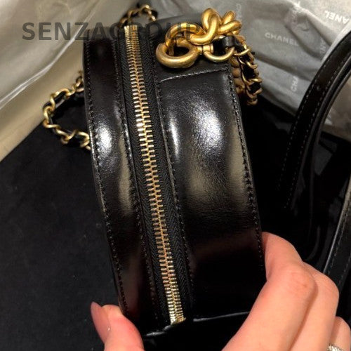 Chanel CC Logo Calfskin Chain Top Handle Bag Crossbody Black Gold Women Classic